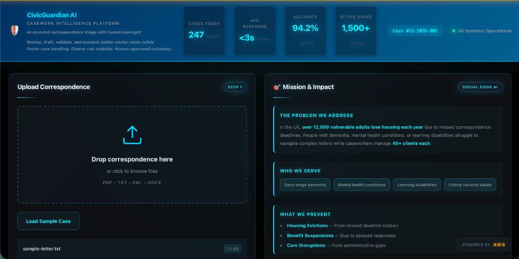 CivicGuardian AI upload interface and mission panel