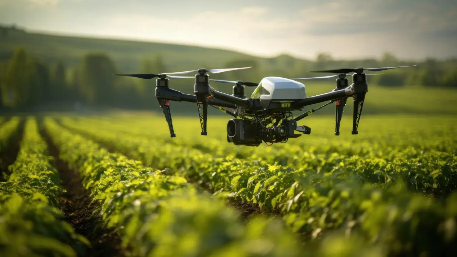 Drone flying over agricultural field collecting crop data for precision farming